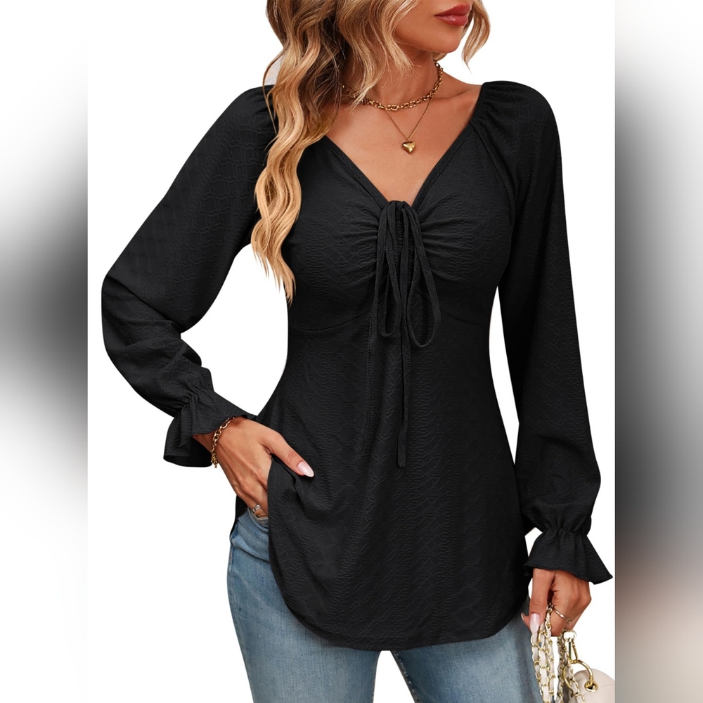Full Size Drawstring Ruffled V-Neck Long Sleeve Blouse
